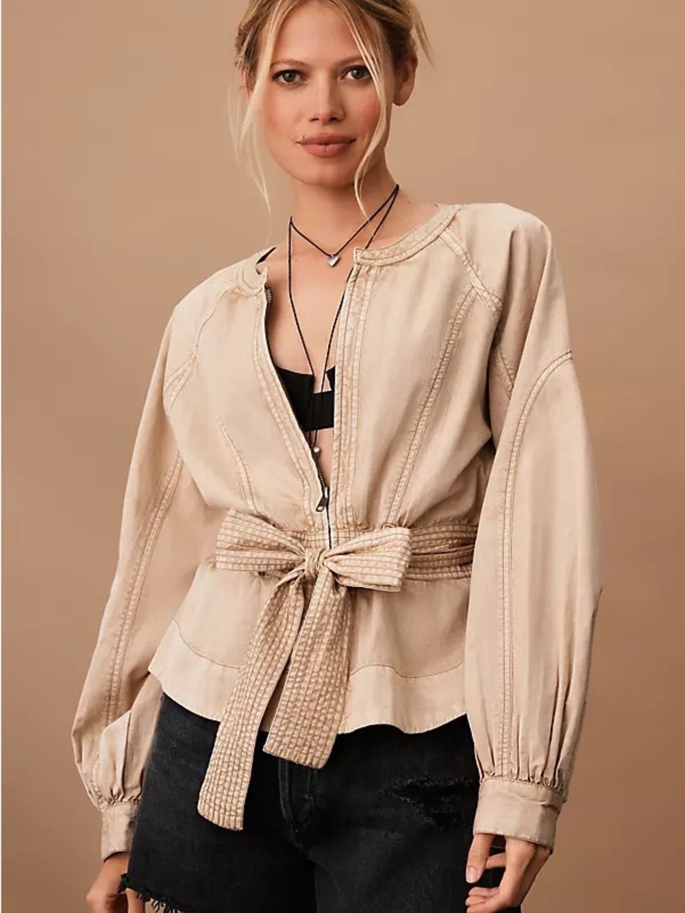 Anthropologie Beige Tie-Waist Utility Jacket